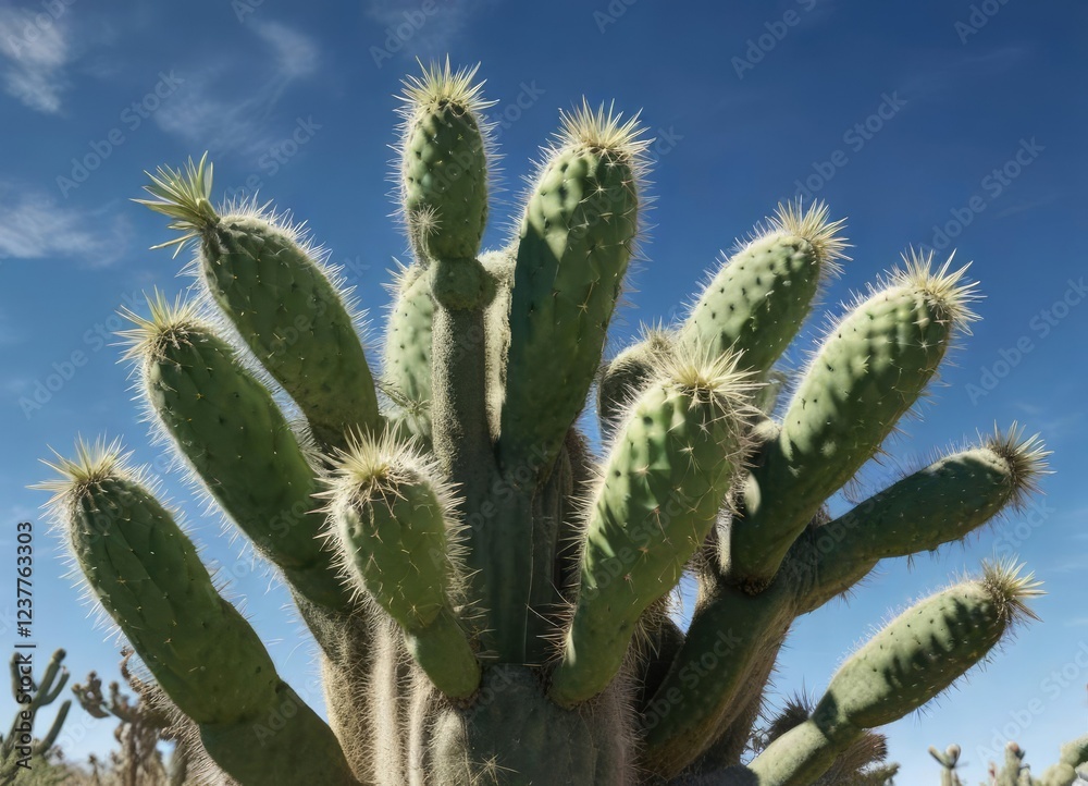 Prickly cactus plant with large, green and white spines against a clear blue sky, landscape, nature, green Prickly cactus plant with large, green and white spines against a clear blue sky, landscape, nature, green