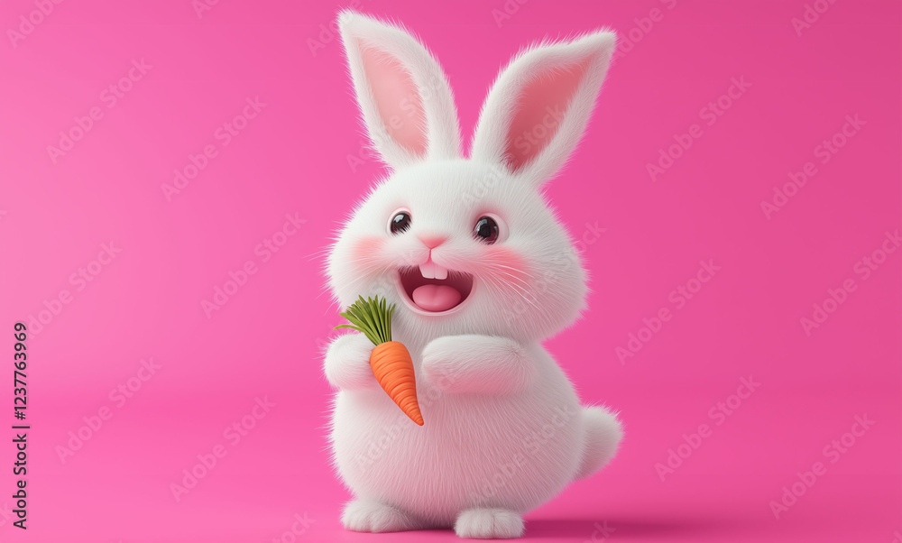 Fototapeta premium cute little fluffy rabbit holding carrot isolated on color background copy space for text