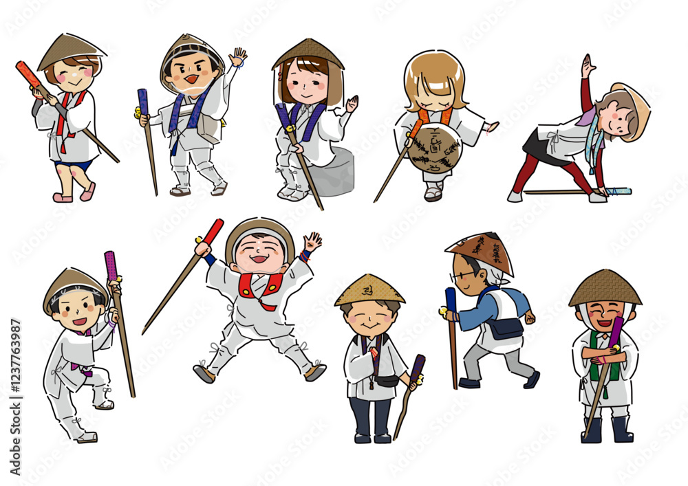 Naklejka premium カラフルで個性的なお遍路さんキャラクターが10人描かれたイラスト素材です。それぞれが杖や菅笠を持ち、さまざまなポーズをとって巡礼の旅を楽しんでいる姿が描かれています。伝統的な巡礼文化をポップで親しみやすいデザインで表現しています。