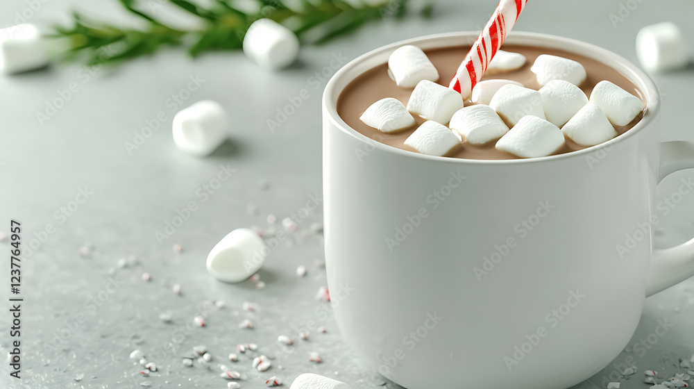 Warm Cozy Hot Chocolate Drink with Marshmallows and Candy Cane for Winter Holidays Warm Cozy Hot Chocolate Drink with Marshmallows and Candy Cane for Winter Holidays