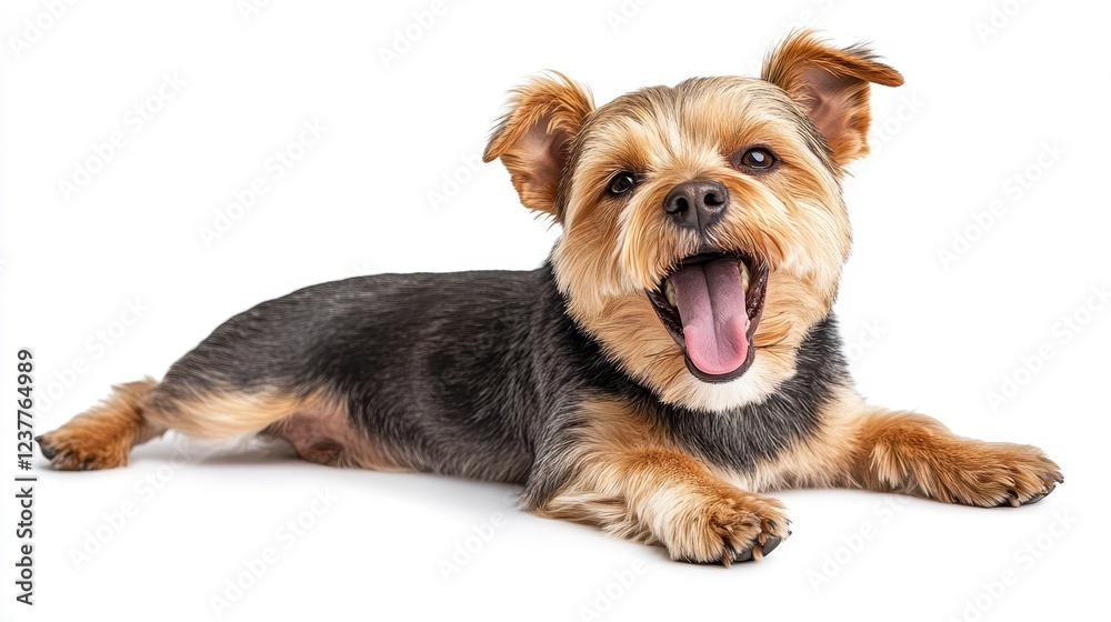 Happy small dog yawning with open mouth on white background Happy small dog yawning with open mouth on white background