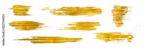 Gold foil brush strokes set with metallic shimmering texture. Painted rough horizontal lines for luxury decorative design elements. Abstract glowing textured yellow swipes on white background.