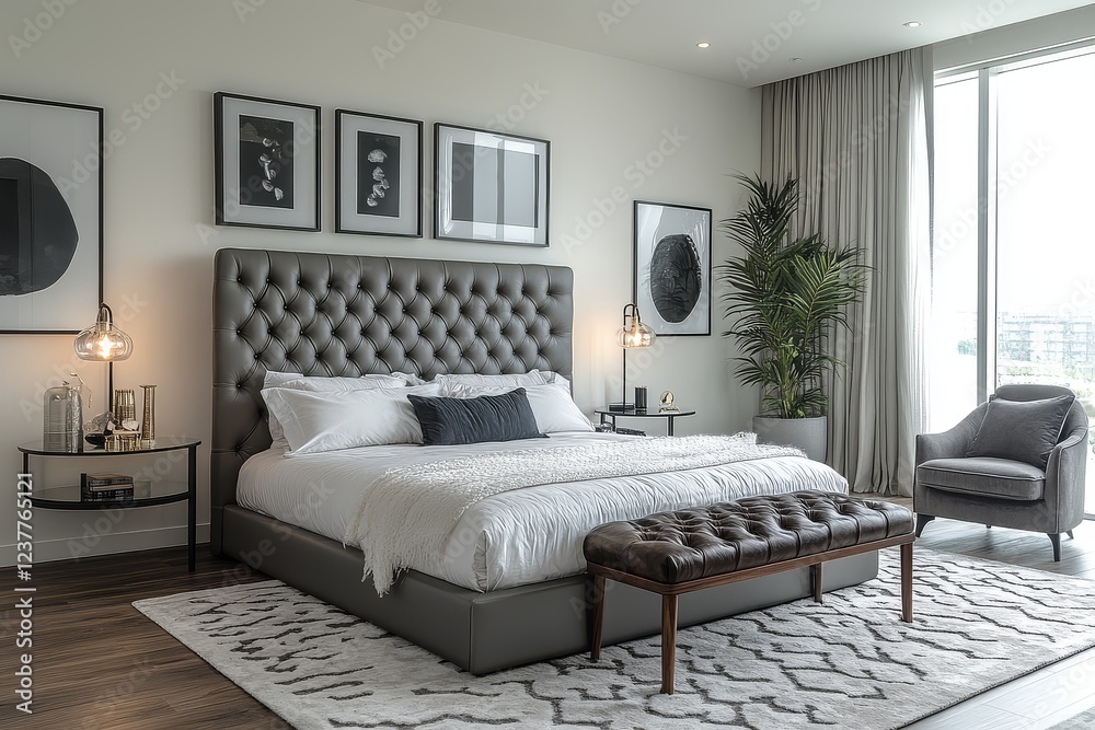 Fototapeta premium Elegant gray leather bed with stylish headboard in spacious modern bedroom, surrounded by contemporary furniture and decor, white walls with black art, glass table, armchair, and dark wood bench.
