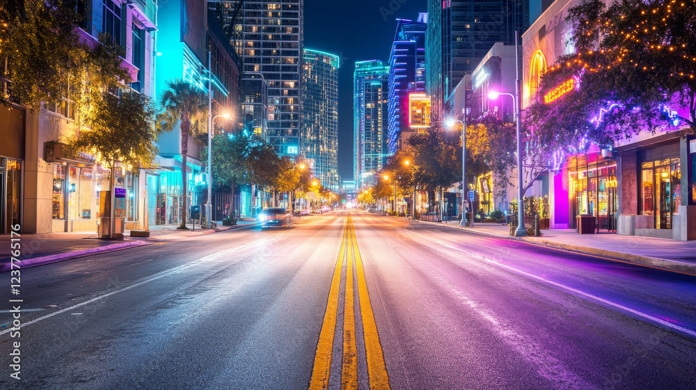Background of empty street at night, neon light, asphalt, concrete Background of empty street at night, neon light, asphalt, concrete