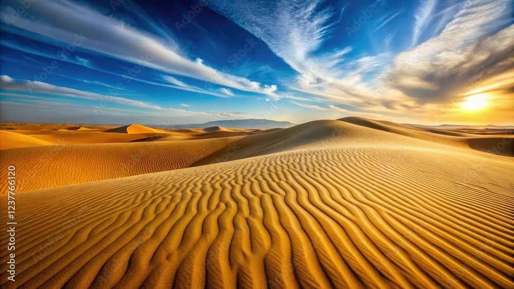 Naklejka premium Sandy dunes stretching towards the horizon with a vast expanse of golden sand, landscape photography, sandy dunes