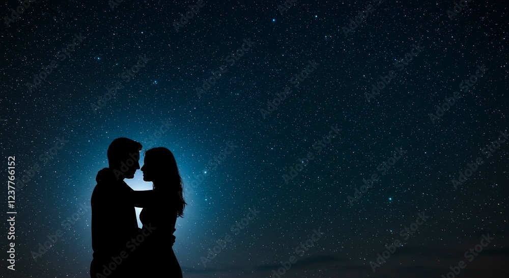 Romantic Couple Silhouette Under a Starry Night Sky Embrace Love Romantic Couple Silhouette Under a Starry Night Sky Embrace Love