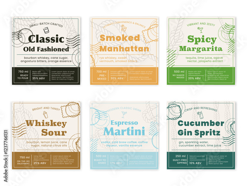 Alcohol cocktail label retro style design template set vector flat illustration