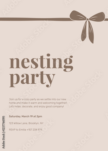 Nesting Party invitation card. Simple elegant design with bow and information text. Vector illustration pastel brown colors