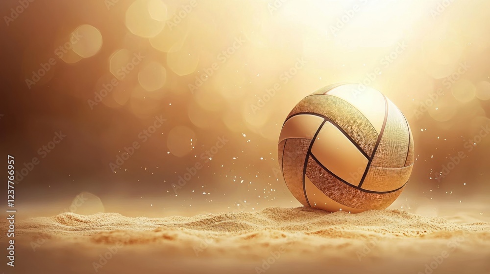 Fototapeta premium A close-up of a volleyball resting on soft sand, illuminated by warm sunlight, capturing the essence of beach sports and outdoor activities.