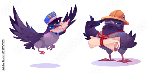 Grey mail carrier pigeon characters - flying with blue mailman cap, standing and holding paper scroll in orange explorer hat. Winged messenger birds in postal service uniforms for delivery design.