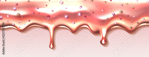 Pink cream drip texture isolated on transparent background. Vector realistic illustration of strawberry jam border with marshmallow decoration, sweet candy melting on dessert, cake or donut decoration