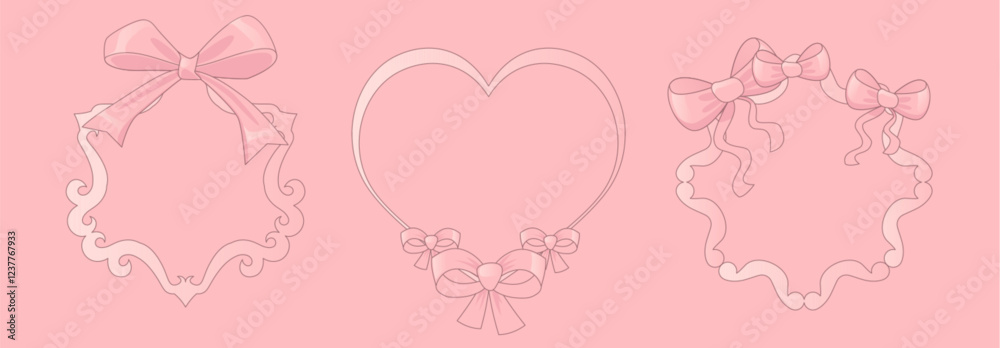 Coquette pink frames with decorative ribbon bows. Elegant contour border set - wavy round, romantic heart shape, curved oval outline. Delicate line art design elements with ornamental bowknot. Coquette pink frames with decorative ribbon bows. Elegant contour border set - wavy round, romantic heart shape, curved oval outline. Delicate line art design elements with ornamental bowknot.