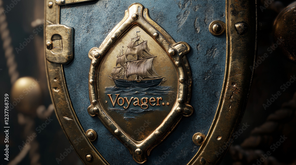 Heraldic marine shield with rope, anchor, compass, ribbon and text Voyager. For marine, transportation or logo idea design Heraldic marine shield with rope, anchor, compass, ribbon and text Voyager. For marine, transportation or logo idea design