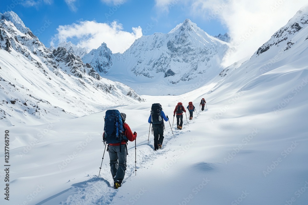 A group of adventurers trekking through a snow-covered mountain landscape, showcasing the beauty of nature and the spirit of exploration. A group of adventurers trekking through a snow-covered mountain landscape, showcasing the beauty of nature and the spirit of exploration.