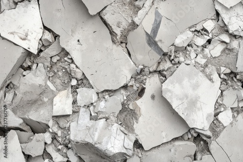 Broken concrete debris scattered on the ground near a construction site after demolition in urban environment