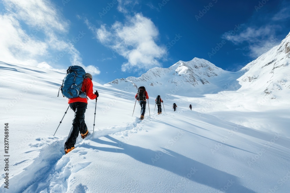 A group of hikers trekking through a snowy landscape, showcasing adventure and teamwork in a breathtaking mountain environment under a clear blue sky. A group of hikers trekking through a snowy landscape, showcasing adventure and teamwork in a breathtaking mountain environment under a clear blue sky.