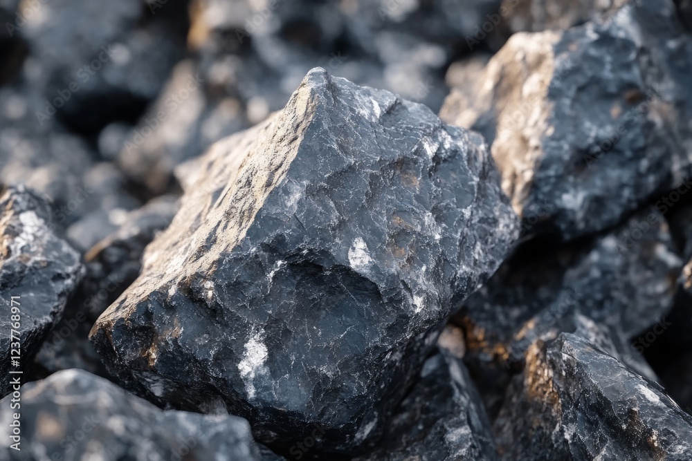 Close-up view of rough black stones in a natural setting showing detailed textures and geological features Close-up view of rough black stones in a natural setting showing detailed textures and geological features