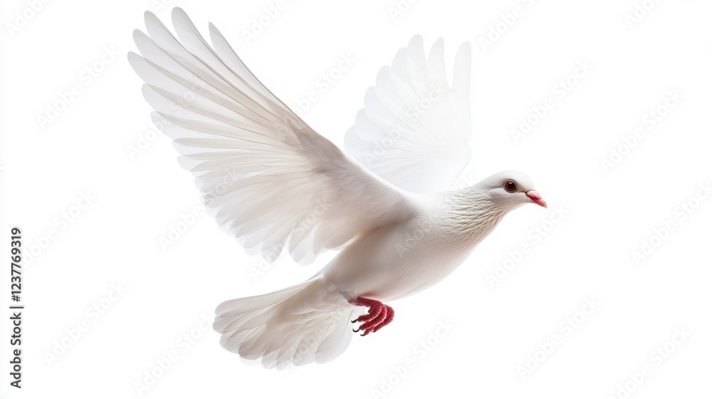 Fototapeta premium Graceful White Dove in Flight with Outstretched Wings and Tail