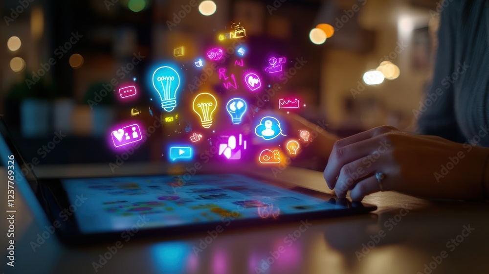 A person interacting with a tablet displaying colorful digital icons representing ideas and data.