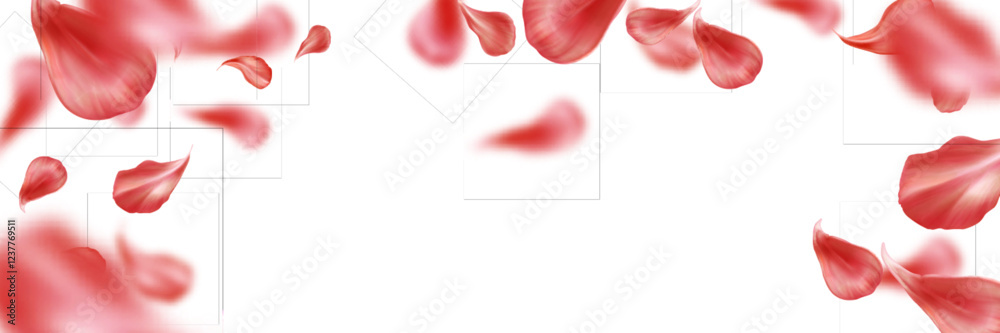 Flying red rose petals scattered on white background - blurred delicate flower fragments creating romantic frame composition. Realistic botanical elements layout for wedding invitation designs.