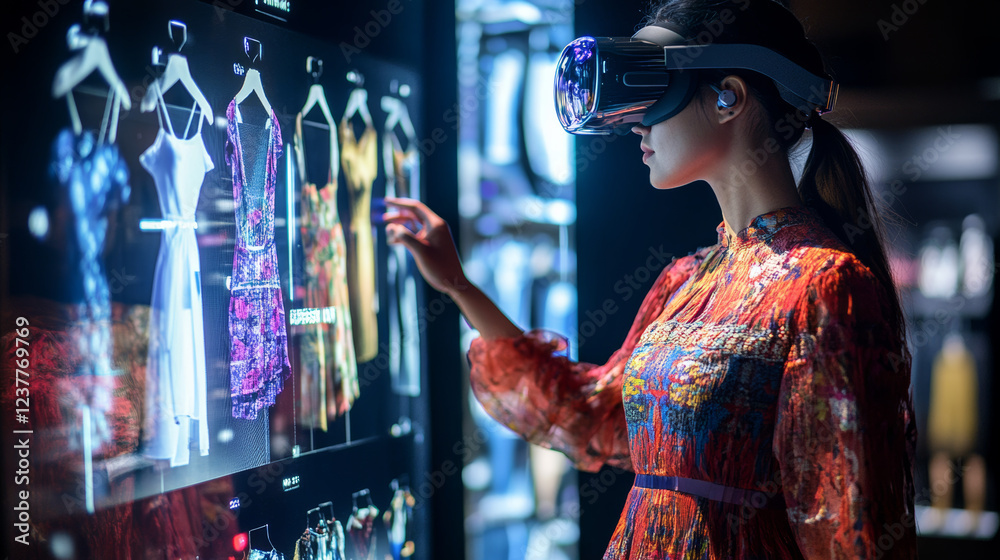 Obraz premium Two multi ethnic tailors in VR headsets in atelier. 3D female hologram of garment pattern. Virtual interface menu of program for designing and modeling clothes. Concept of AR modern technologies.