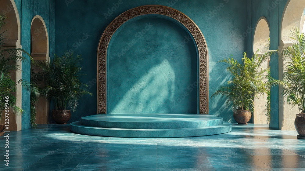 Fototapeta premium Serene Teal Moroccan Interior with Circular Platform