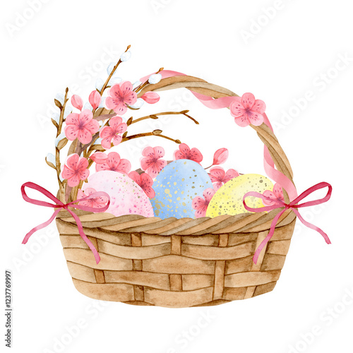Festive Easter composition with basket, Easter eggs and willow twigs