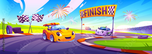 Kids racing cars cartoon scene with smiling automobiles on track, crossed checkered flags, finish banner and fireworks in blue sky. Road trace with competition participants approaching final line.