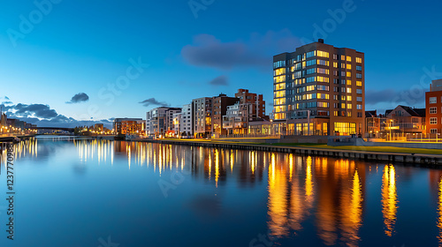 Modern Waterfront Apartments at Dusk Cityscape Reflection Canal Night Lights