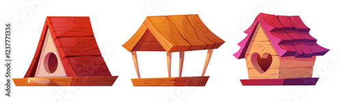 Cartoon birdhouse collection - wooden shelters with heart and round shaped openings, red roofs, decorative feeding platforms. Nature care elements for garden decoration. Bird home and feeder.