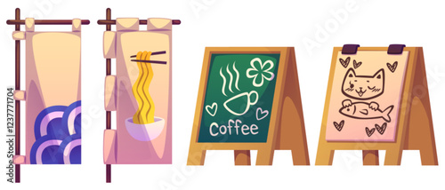 Japanese cafe entrance decorations - traditional noren curtains with wave and ramen design, wooden A frame chalkboard with coffee cup and cute cat with fish doodles. Oriental restaurant street element