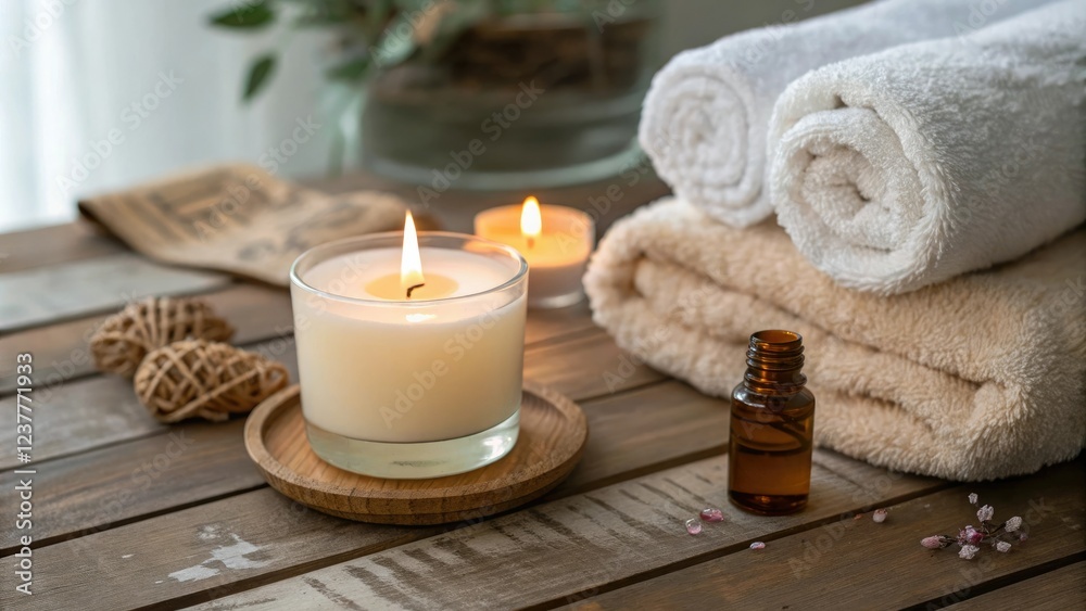 Softly glowing candle on a wooden table surrounded by plush towels and a small bottle of fragrant oil, inviting, candle Softly glowing candle on a wooden table surrounded by plush towels and a small bottle of fragrant oil, inviting, candle