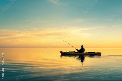 Wallpaper Mural A serene sunset scene featuring a person fishing from a kayak on calm waters, reflecting the vibrant hues of the sky, ideal for relaxation and tranquility. Torontodigital.ca