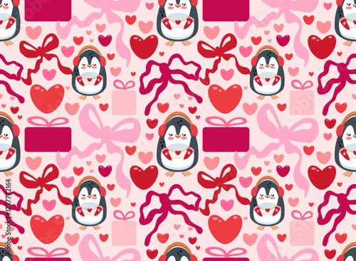 Valentine's Day pattern with Cute penguin. Love background with Bows and gifts