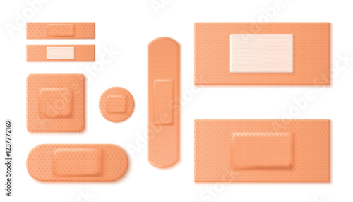 Medical band aid plaster set - elastic strips, patches and rectangles in beige color with perforated texture and protective pad. Healthcare item for wound dressing. Adhesive bandage with sterile gauze