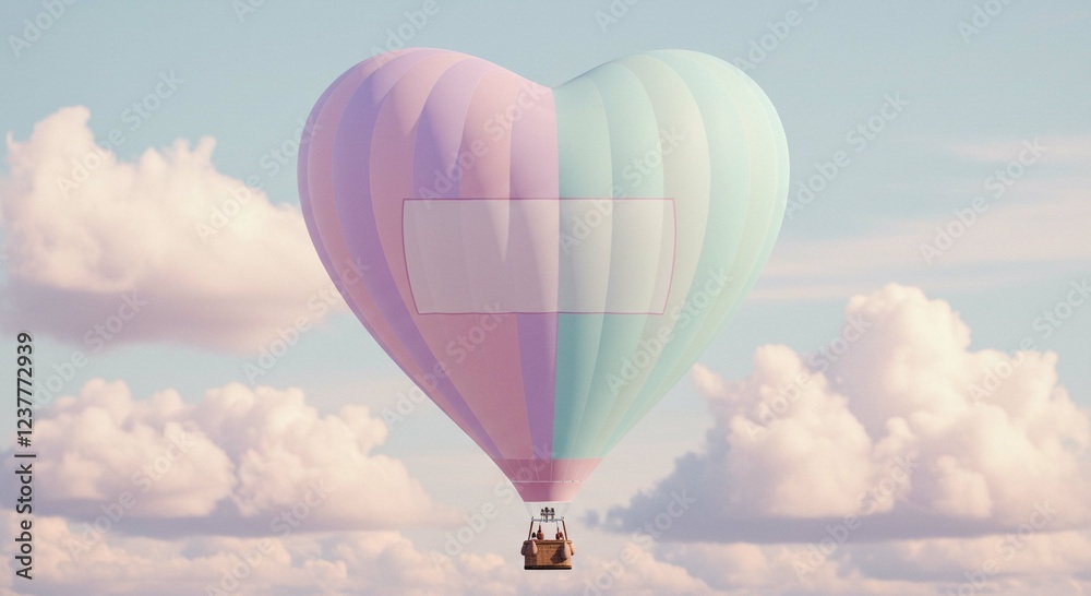Fototapeta premium Pastel Heart Shaped Hot Air Balloon Soaring Through Dreamy Cloudscape