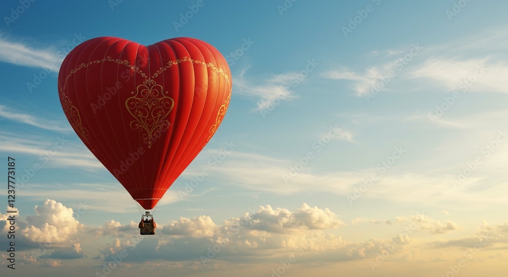Obraz premium Romantic Red Heart Shaped Hot Air Balloon Soaring Through a Cloudy Sky at Sunset