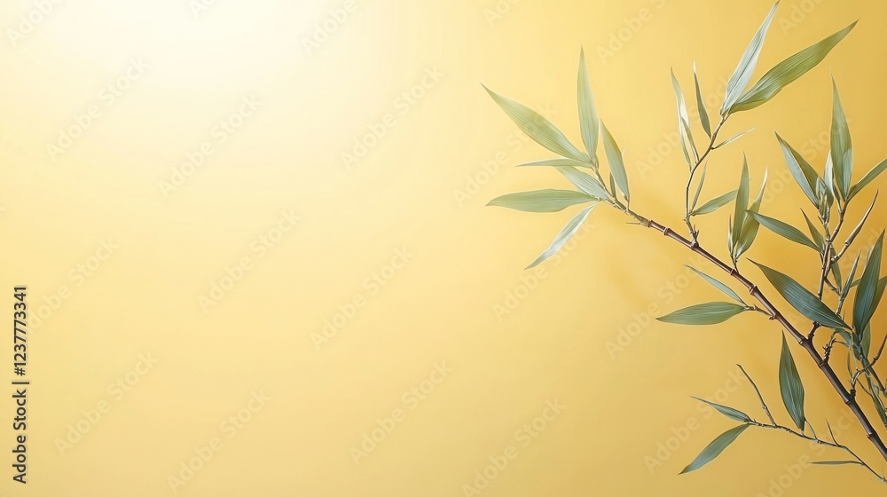 Naklejka premium Green Bamboo Branch on Yellow Gold Background
