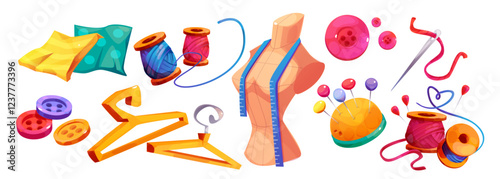 Sewing accessories cartoon set - colorful thread spools, fabric pieces, mannequin with measuring tape, wooden hangers, pin cushion with needles, plastic buttons for dressmaking craft supplies.