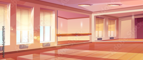 Ballet studio interior with wooden barre, mirrored walls, polished floor and large windows. Dance training room illuminated by sun light through translucent curtains for sport workout and activity.