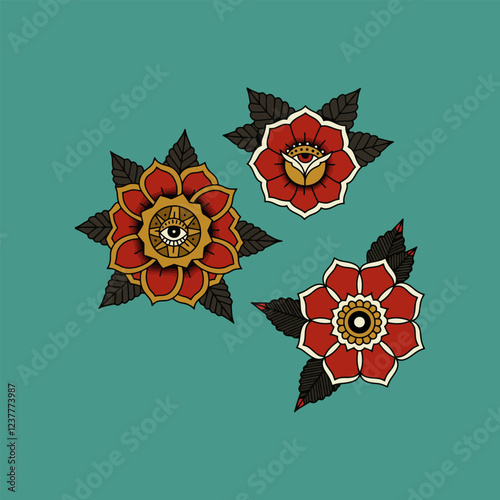 American Traditional Eye of Providence Roses Bold Tattoo Flash Art