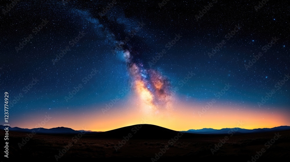 Milky Way over desert landscape at sunset