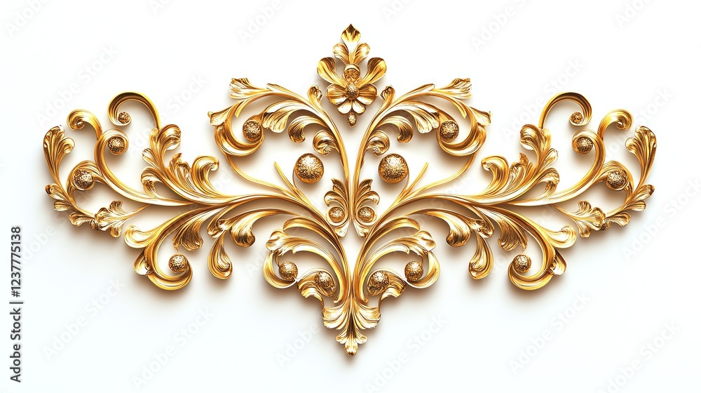 Elegant, decorative golden ornament with intricate designs on white background. Elegant, decorative golden ornament with intricate designs on white background.