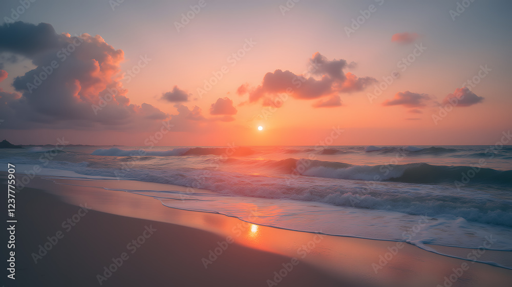 Serene Sunset Over Ocean Waves with Soft Clouds Illuminated by Warm Sunlight on a Tranquil Beach Landscape