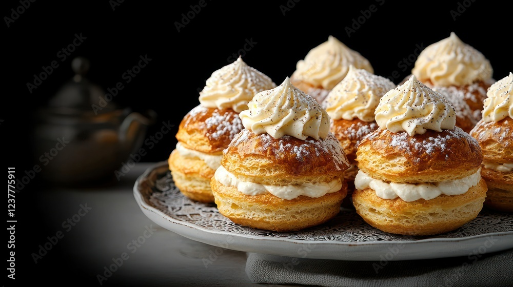 Cream puffs, dessert, pastry, plate, kitchen, sugar, background, tea, food photography, bakery Cream puffs, dessert, pastry, plate, kitchen, sugar, background, tea, food photography, bakery