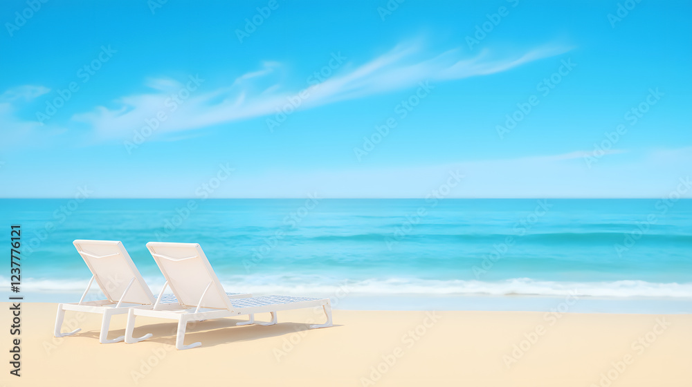 Relaxing Beach Scene with Two Lounge Chairs by the Calm Ocean under a Clear Blue Sky and Gentle White Clouds