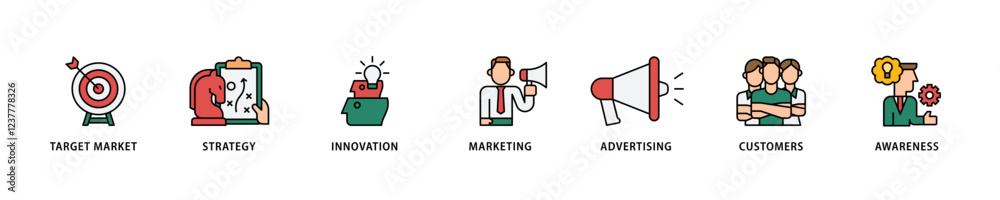 Brand icon set flow process which consists of target market, strategy, innovation, marketing, advertising, customers, and awareness icon live stroke and easy to edit . Brand icon set flow process which consists of target market, strategy, innovation, marketing, advertising, customers, and awareness icon live stroke and easy to edit .