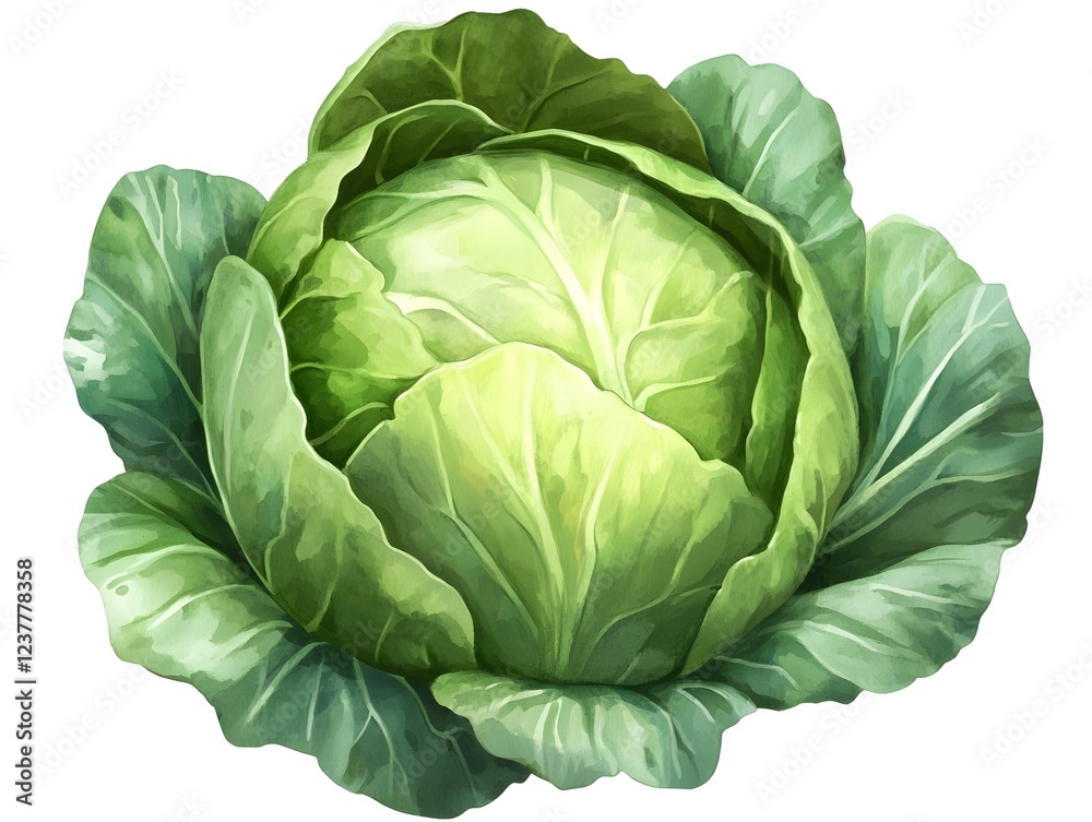 Obraz premium Watercolor Painting of Fresh Green Cabbage Head Leaves