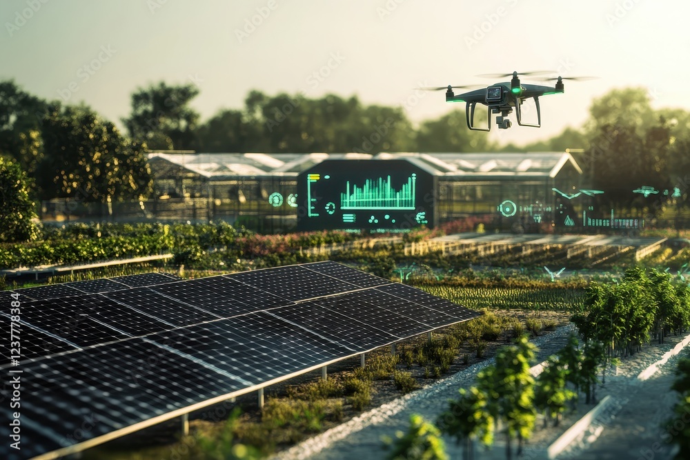 Fototapeta premium Modern Solar Farm Featuring Solar Panels and a Drone in a Clear Blue Sky