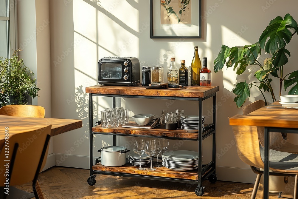 Obraz premium Black metal and wood kitchen trolley with three shelves displaying home appliances and dining essentials in a light pink dining room with natural light.